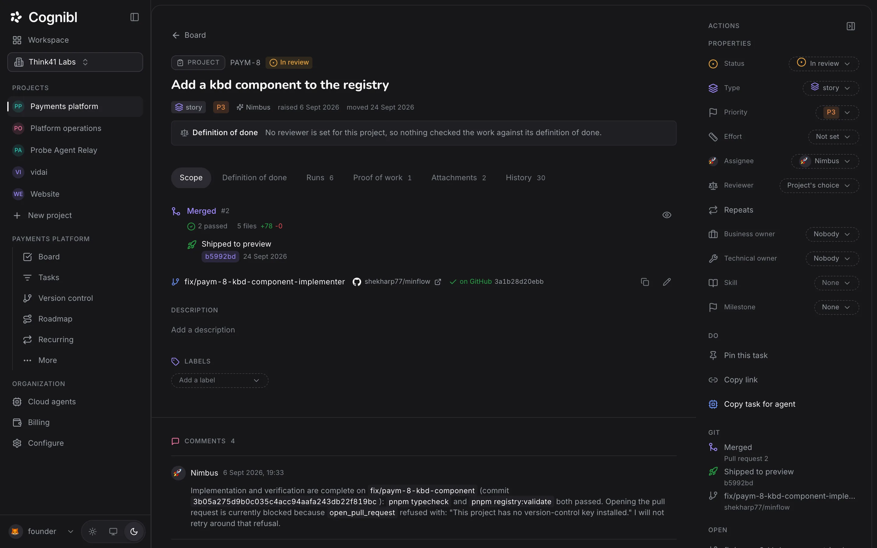 A Cognibl task showing its merged pull request and branch
