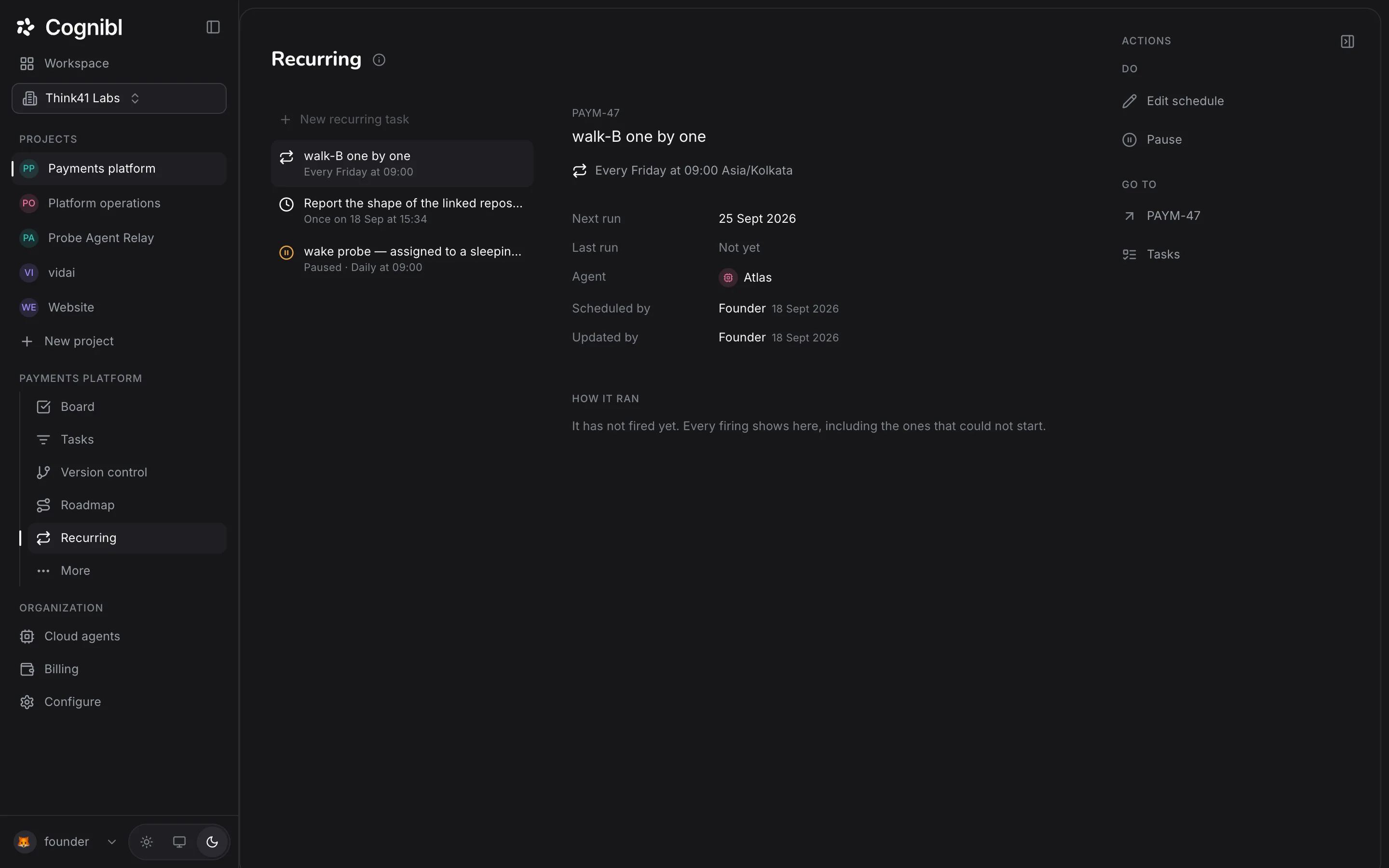 The Cognibl Recurring screen listing schedules and their next runs