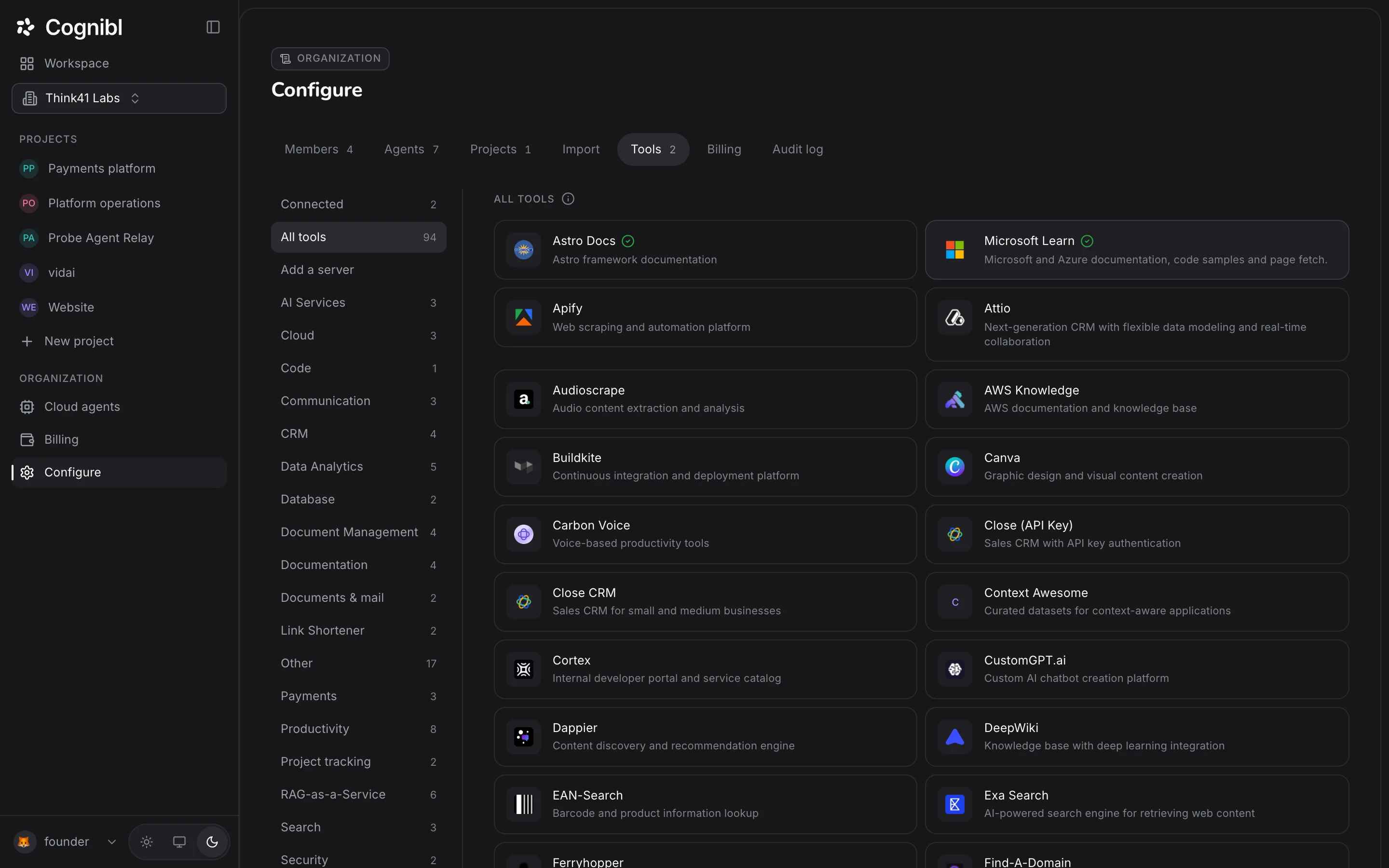 The Cognibl tools store listing MCP providers by category
